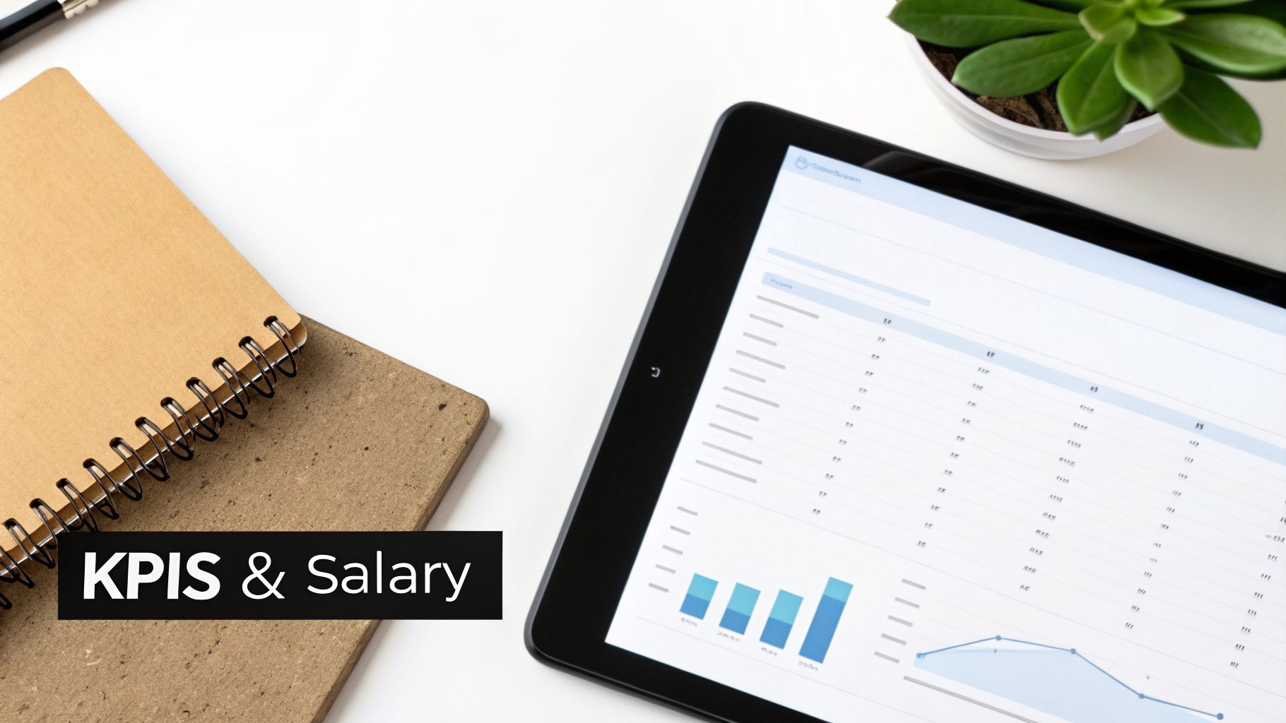 Top-down view of a tablet displaying business data and charts, next to notebooks and a plant.