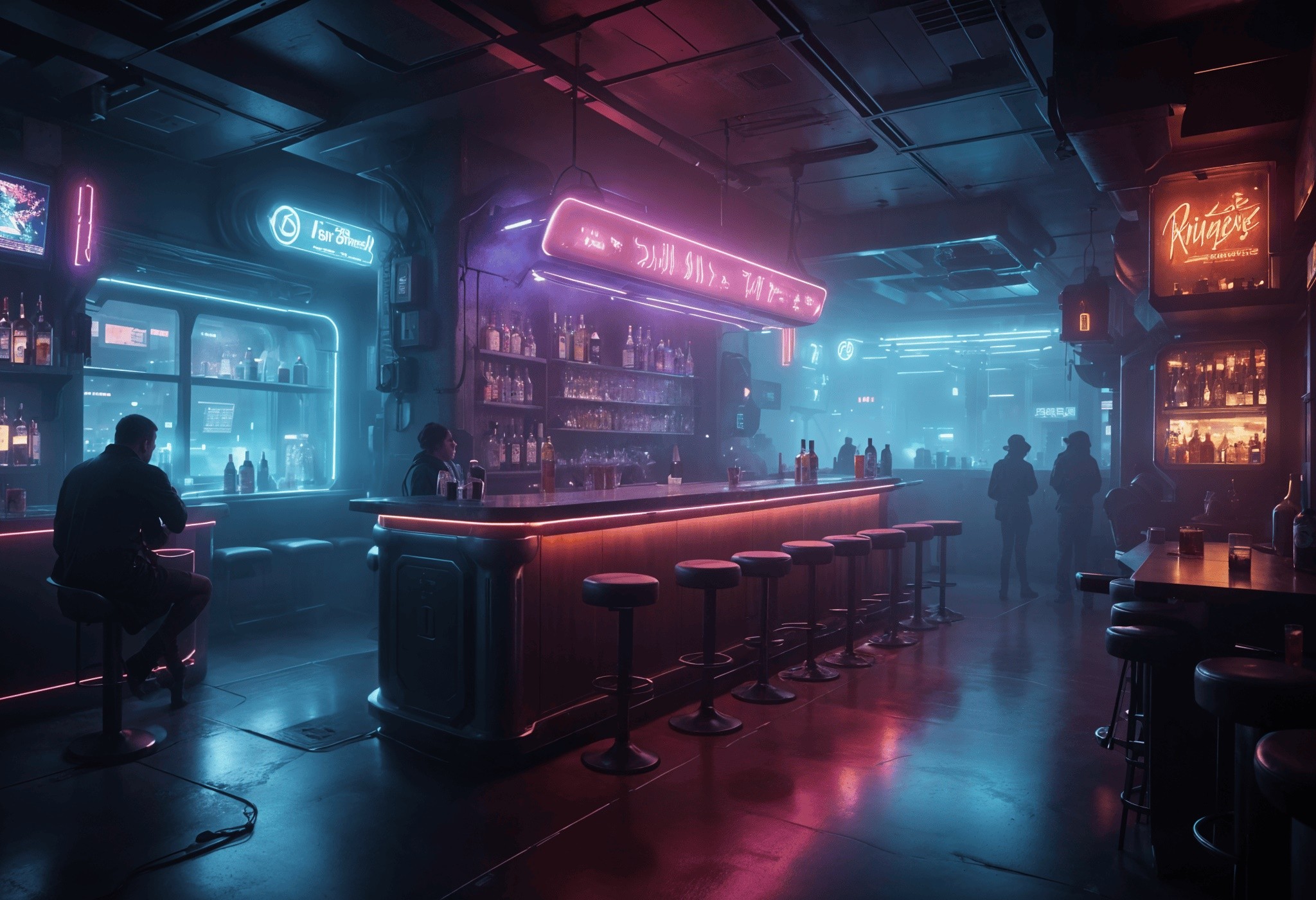 A neon-lit bar with a futuristic, cyberpunk aesthetic. Several people sit on stools around the bar, illuminated by purple and blue lights. Shelves stocked with bottles line the walls. Glowing signs and a smoky atmosphere add to the scene's moody ambiance.