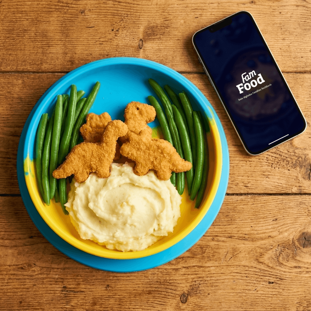 Kinderteller mit Dino-Nuggets auf Kartoffelpüree-Hügel, umgeben von grünen Bohnen als Dschungel, von oben fotografiert