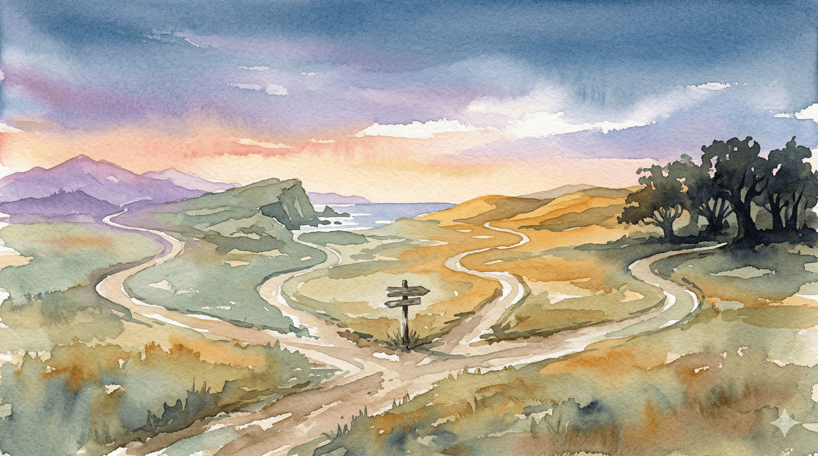 Watercolor crossroads at dusk with paths leading to mountains, coast, and hills