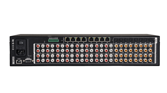 Rear view of AV receiver with many RCA and digital audio inputs.