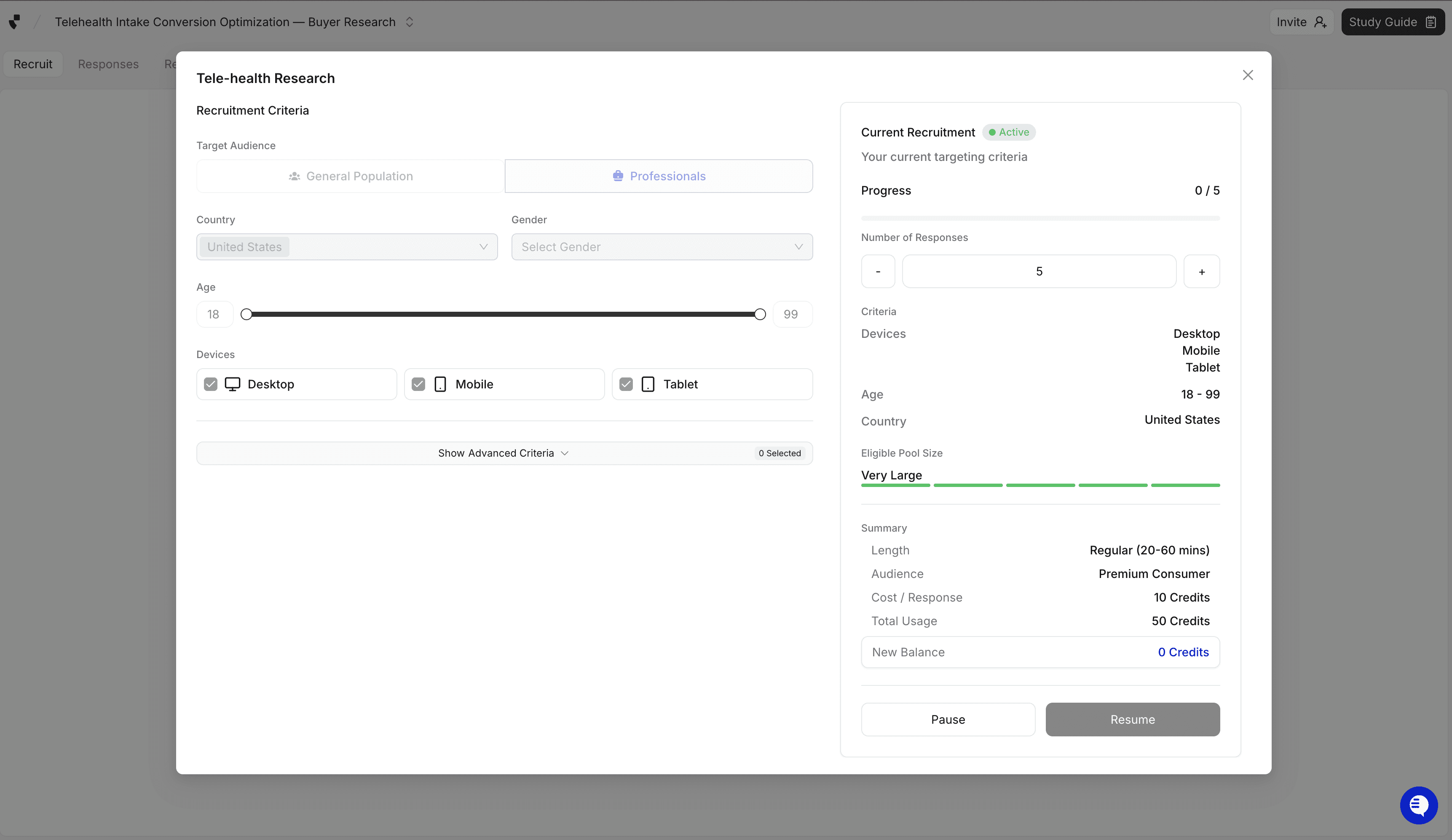 Listen Labs recruitment setup showing five responses at ten credits each, fifty total credits, zero of five progress, and an eligible pool labeled Very Large