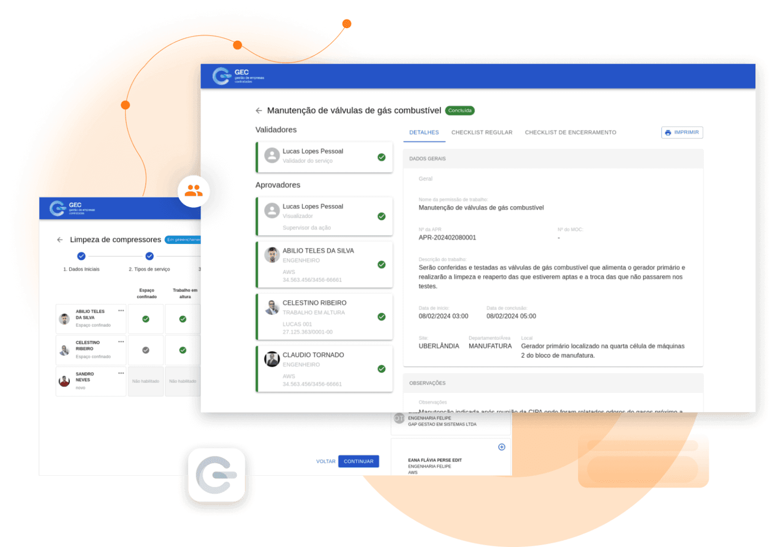 Tela do sistema de Permissão de Trabalho da GAP, mostrando o processo de aprovação