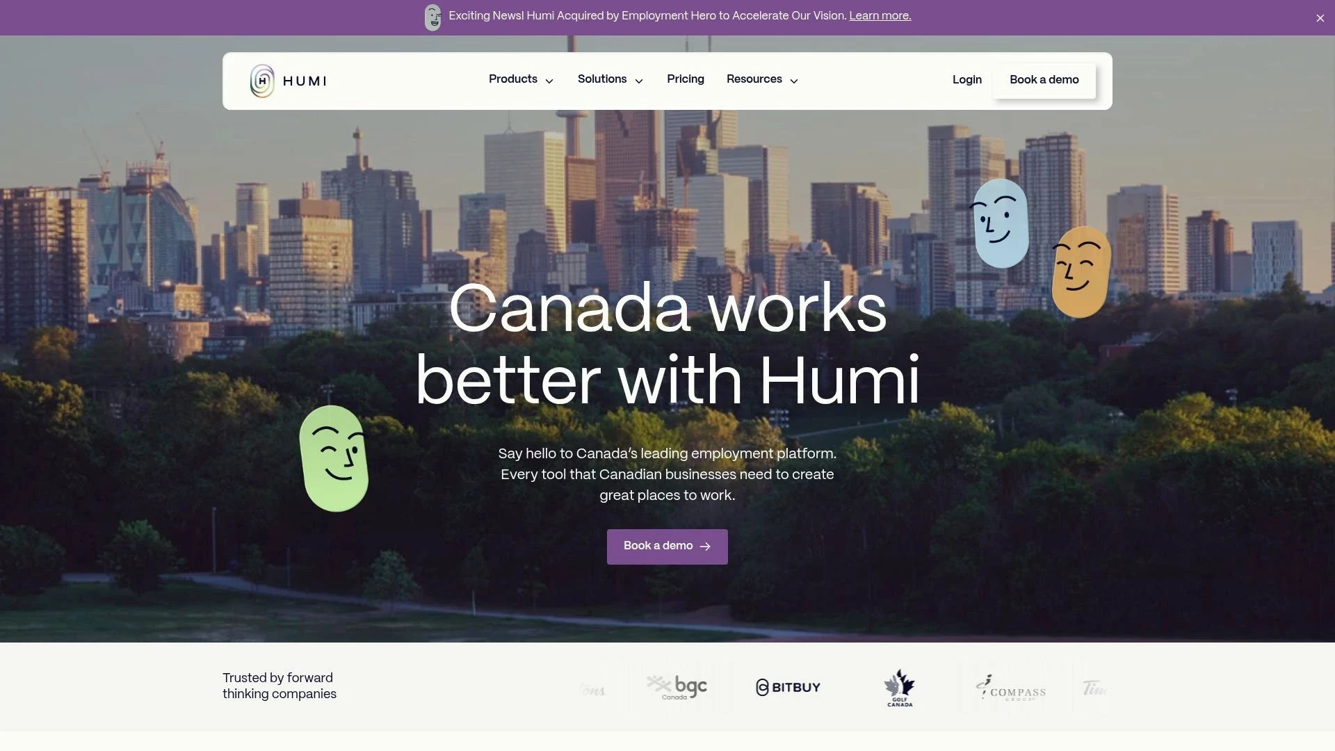 Humi homepage with Toronto skyline background and colorful mascot icons, showing Canadian business partnerships