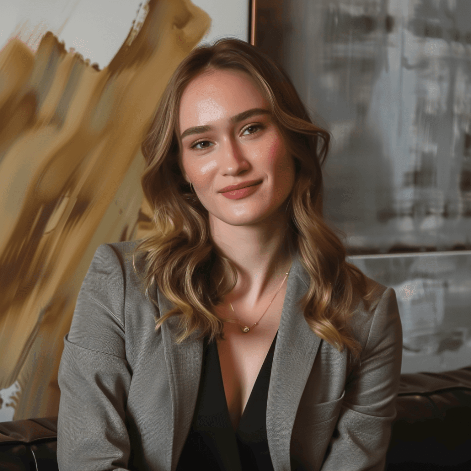 Blonde woman wearing a formal attire standing infront of a gold wall-masterpiece inside a gallery shop.