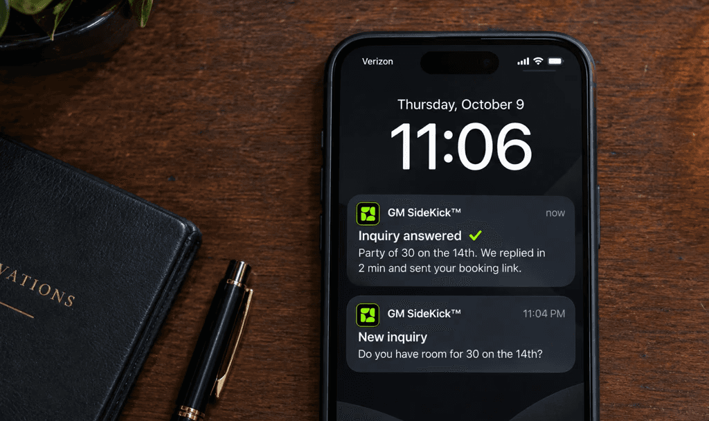 Phone lock screen with two GM SideKick alerts: New inquiry, room for 30 on the 14th, then Inquiry answered, replied in 2 min