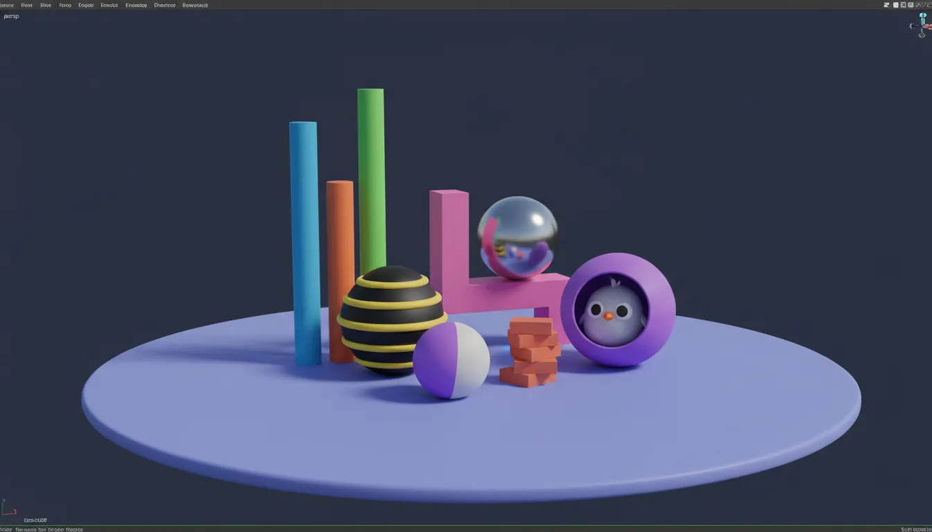 3D render in the style of a Maya software project, an abstract composition of colorful geometric primitives on a large, periwinkle blue circular platform. The objects have a smooth matte plastic material finish. The scene is lit by soft global illumination, creating gentle, diffused shadows. The composition includes tall cylinders, a black beehive-shaped sphere with yellow rings, a purple and white ball, a stack of small terracotta bricks, and a pink L-shaped structure with a silver sphere. A tiny, cute stylized bird character peeks out from a hollow purple sphere. The background is a solid, dark navy blue studio backdrop.