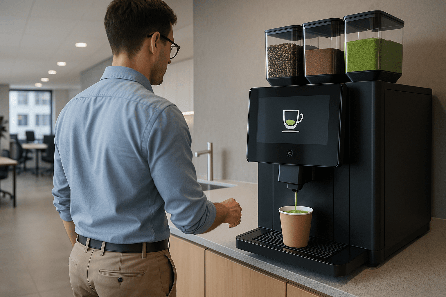 Office worker standing next to a coffee machine which produces matcha latte
