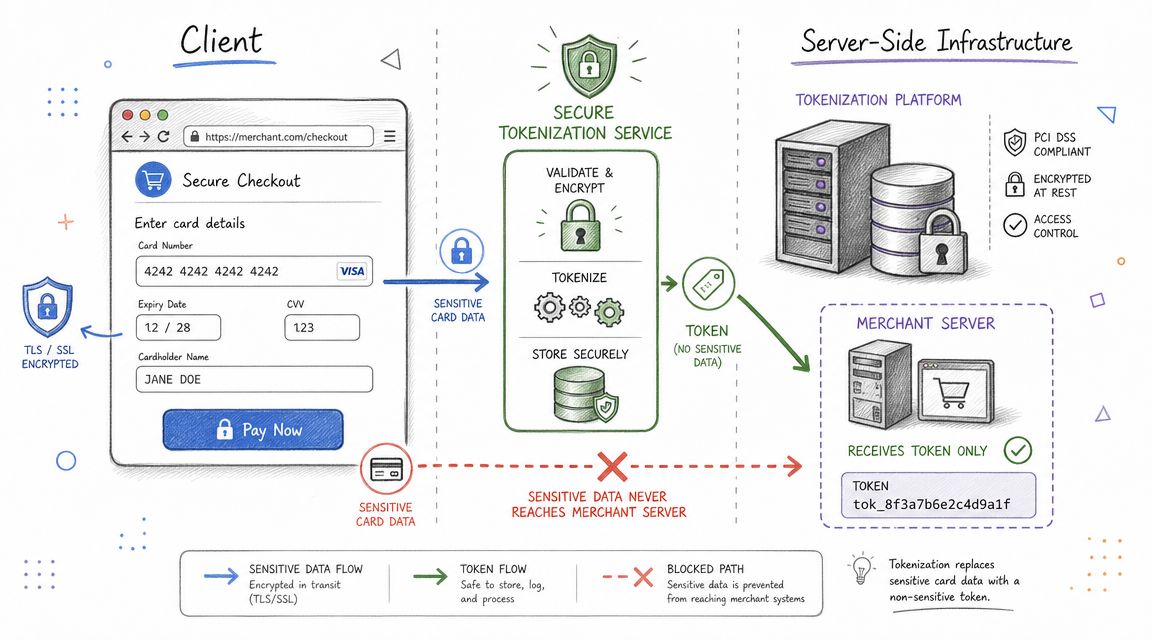 A diagram illustrating the secure tokenization process for online credit card payments using a merchant checkout page.