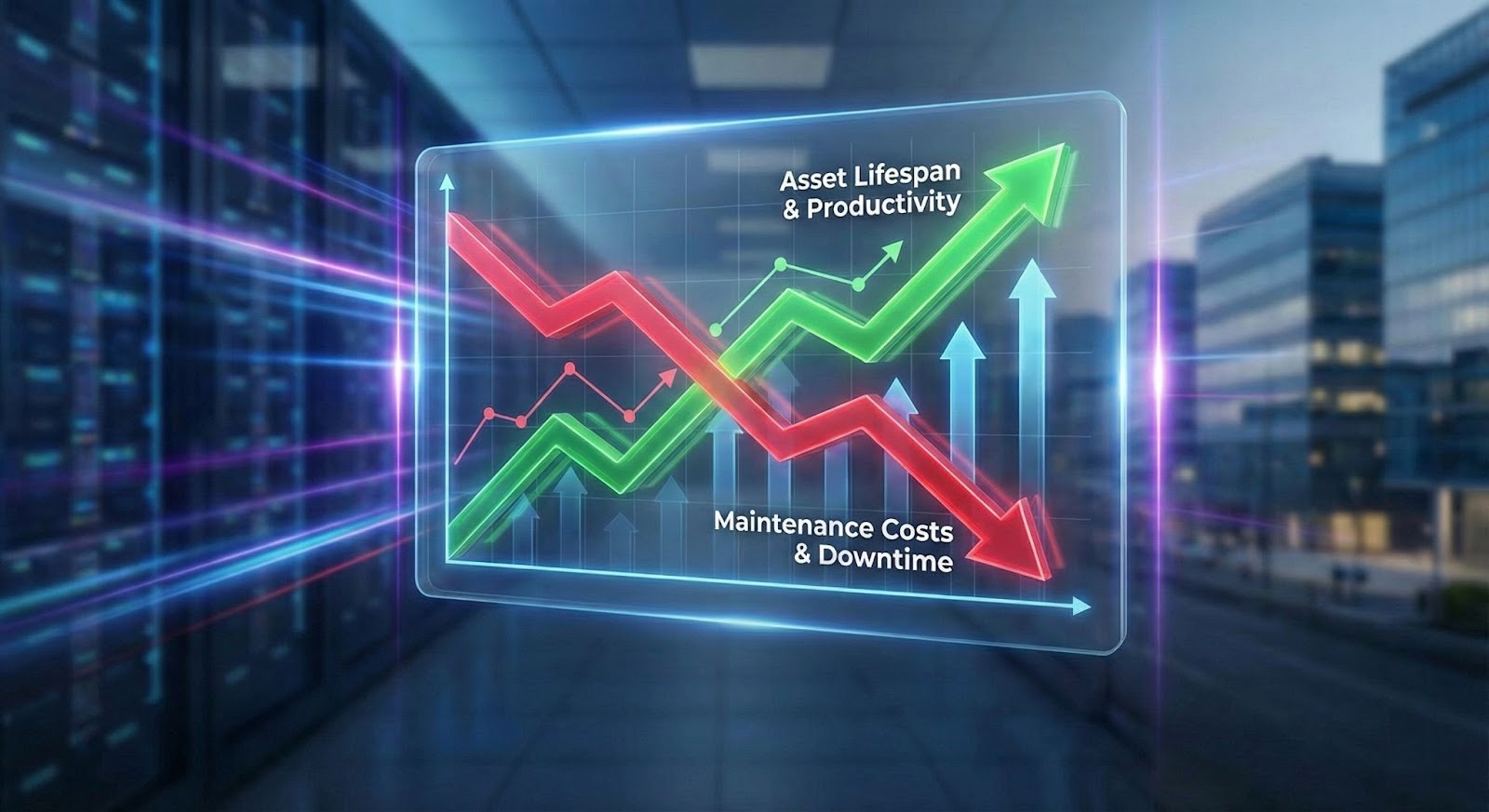 A modern office desk featuring a computer monitor displaying a facility management CMMS dashboard, showing a work order pie chart, asset health bar graph, and a map of Australian property sites.