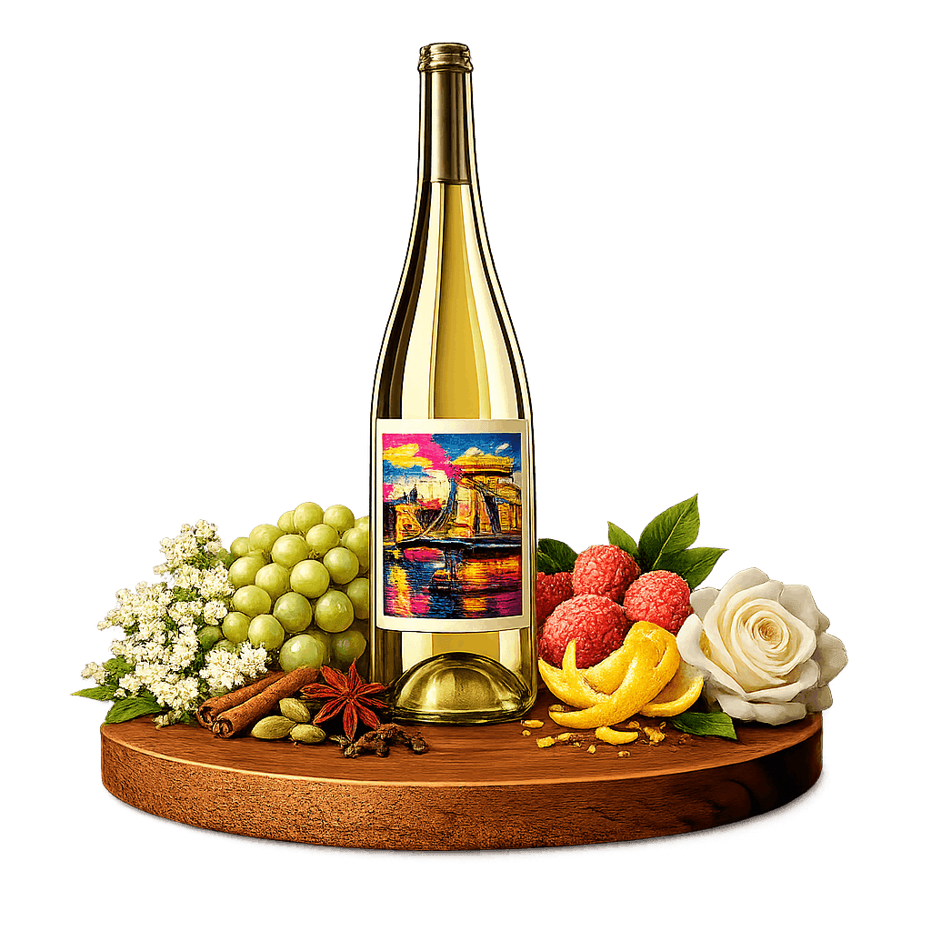 Artistic label and flavor profile for Hungarian Irsai Olivér on a rustic wooden table.