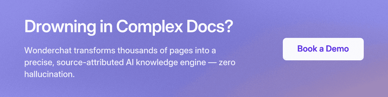 Drowning in Complex Docs? Wonderchat transforms thousands of pages into a precise, source-attributed AI knowledge engine — zero hallucination. Book a Demo.