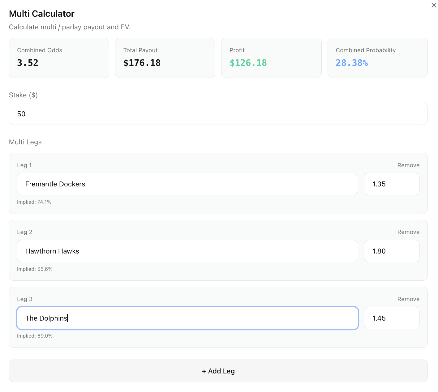 Betsniper's Multi Calculator showing three legs with a $50 stake and combined payout displayed