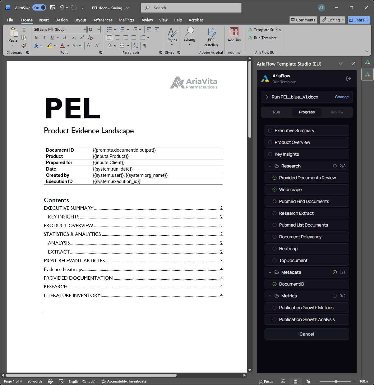 AriaFlow Template Studio running and steering document creation directly in Microsoft Word