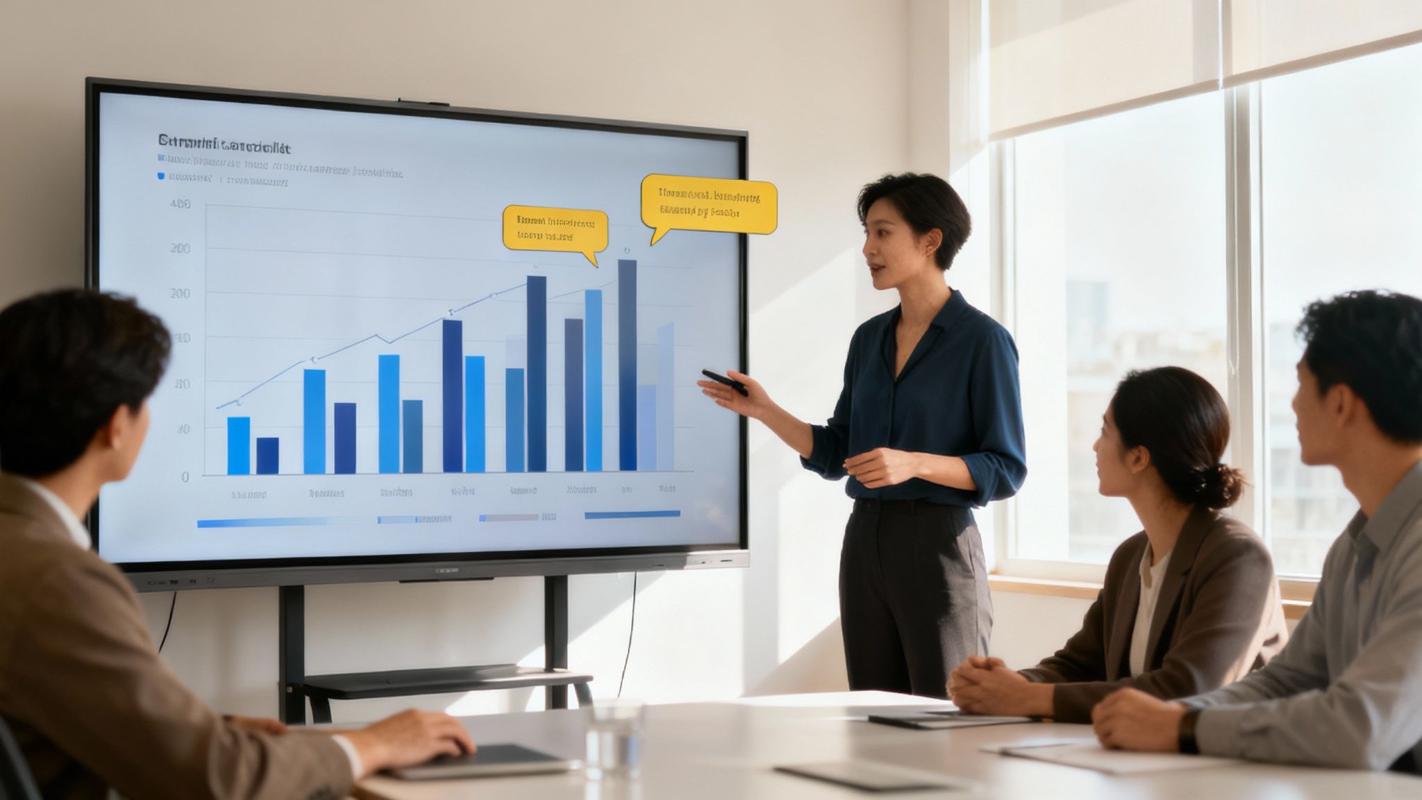 A person creating a simple, visual report on a laptop, with charts showing campaign successes and key insights highlighted.
