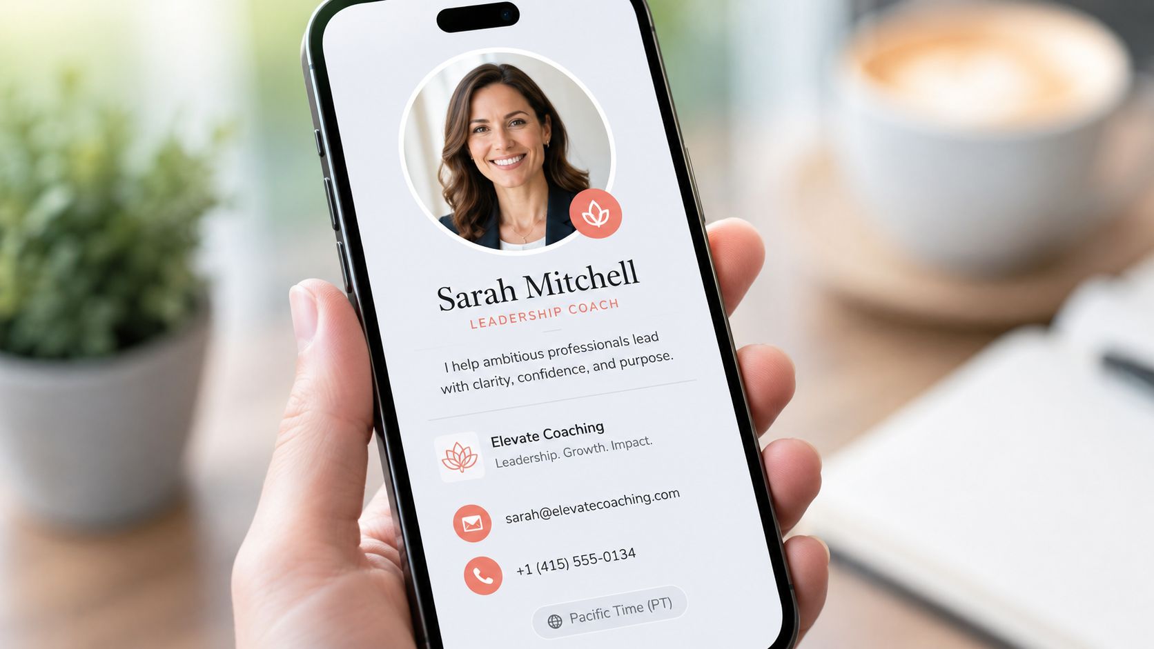 A close up view of a hand holding a smartphone displaying a professional leadership coach profile page.