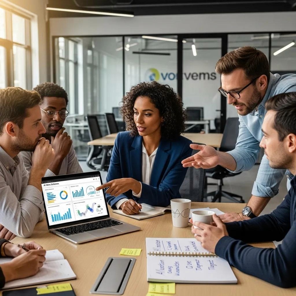 Professionals discussing AI sales solutions in a modern office setting