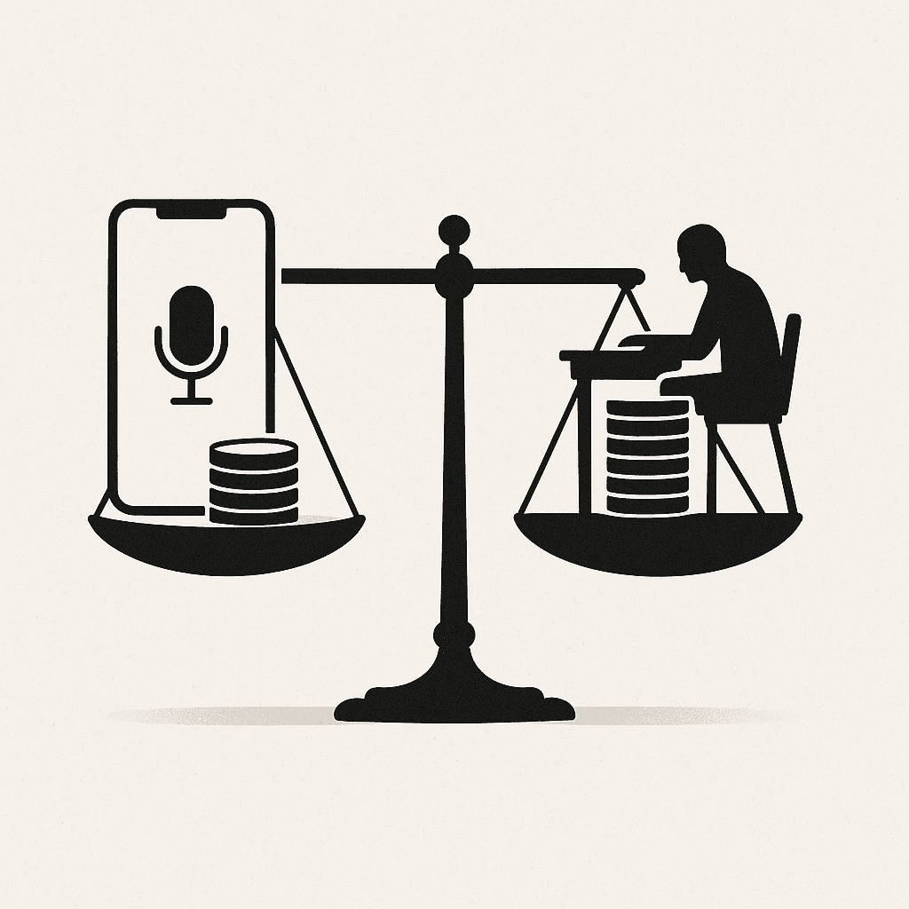 Balanced scale showing inexpensive AI pronunciation app versus expensive human tutor fee stack