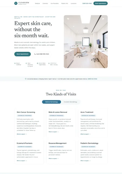 Dermatology website template preview with medical and cosmetic treatment tracks