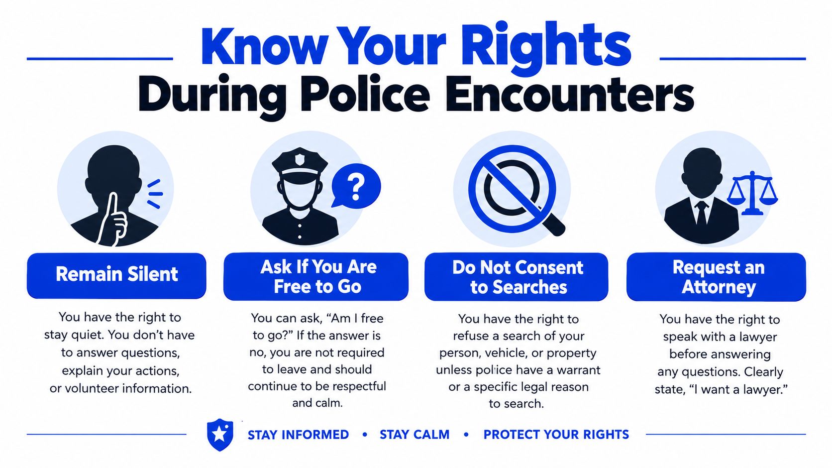 An infographic titled Know Your Rights During Police Encounters detailing four key steps when interacting with law enforcement.
