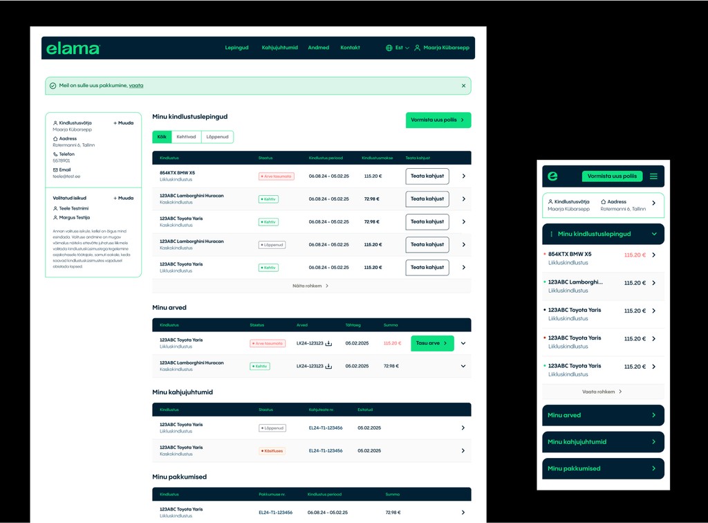 Insurance company car policy dashboard for desktop and mobile.