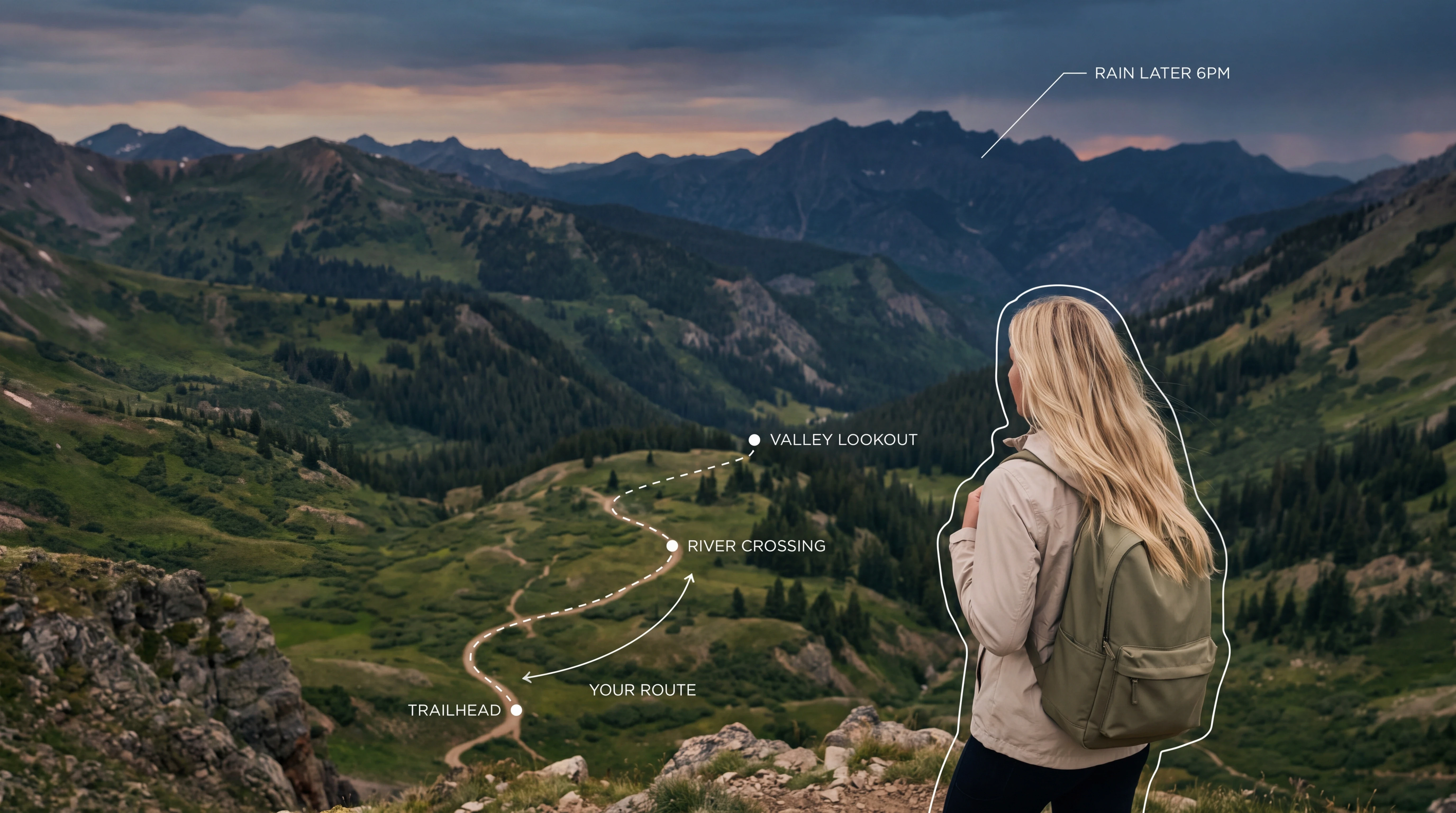 Blonde traveler looking out over an alpine valley at dusk, with Nomia's live trail route and waypoints mapped across the landscape