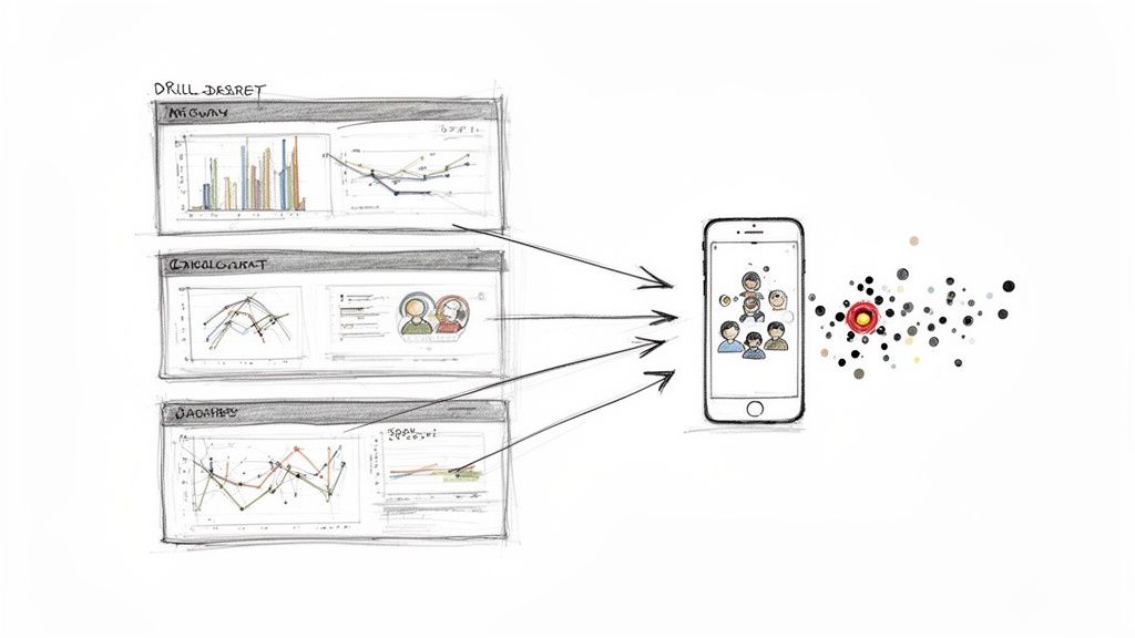 Multiple data dashboards with charts and graphs funnel into a smartphone displaying people, leading to a central red analytical insight.