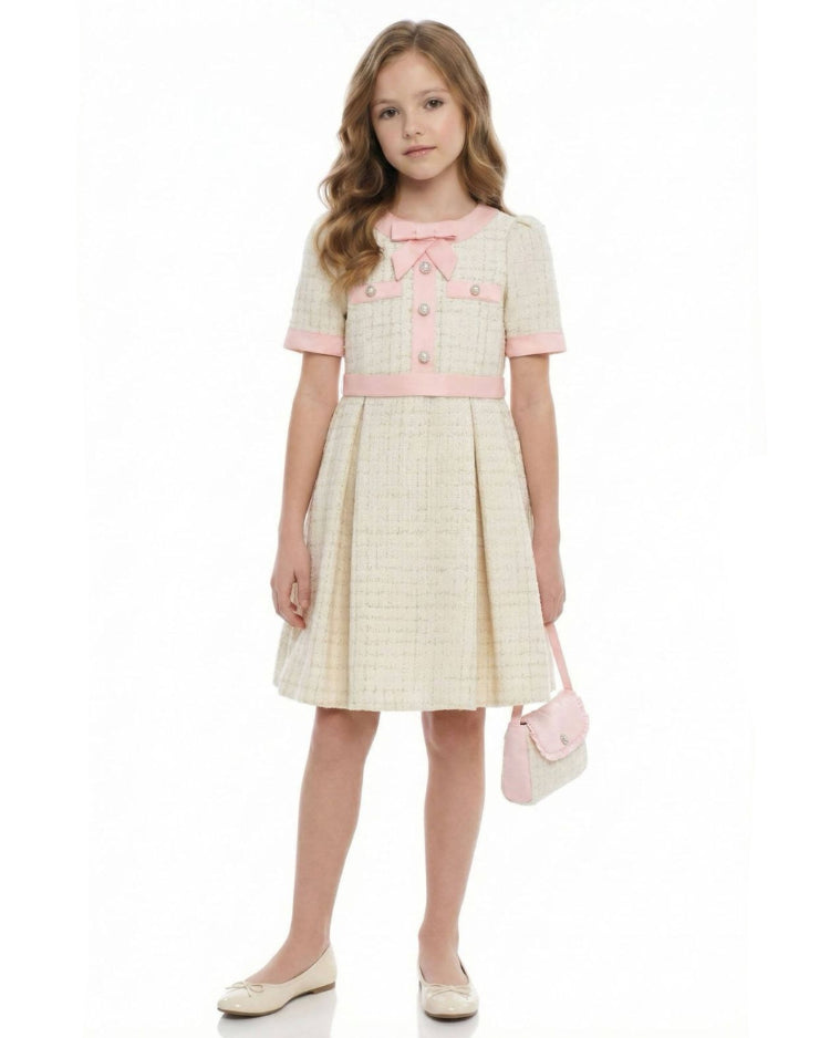 Young girl wearing a checkered dress with a pink belt and matching bag on a white background