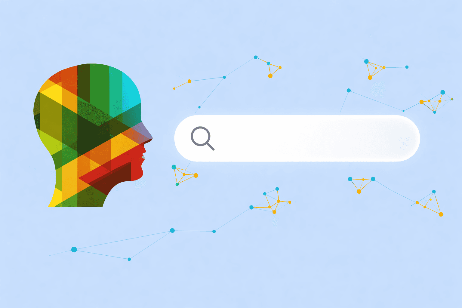 NLQ, Natural language Query, Abstract illustration of natural language analytics showing a human head silhouette, a search query bar, and connected data nodes on a dark background.
