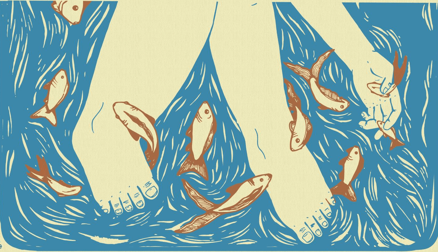 Una ilustración de pies en el agua y peces nadando alrededor