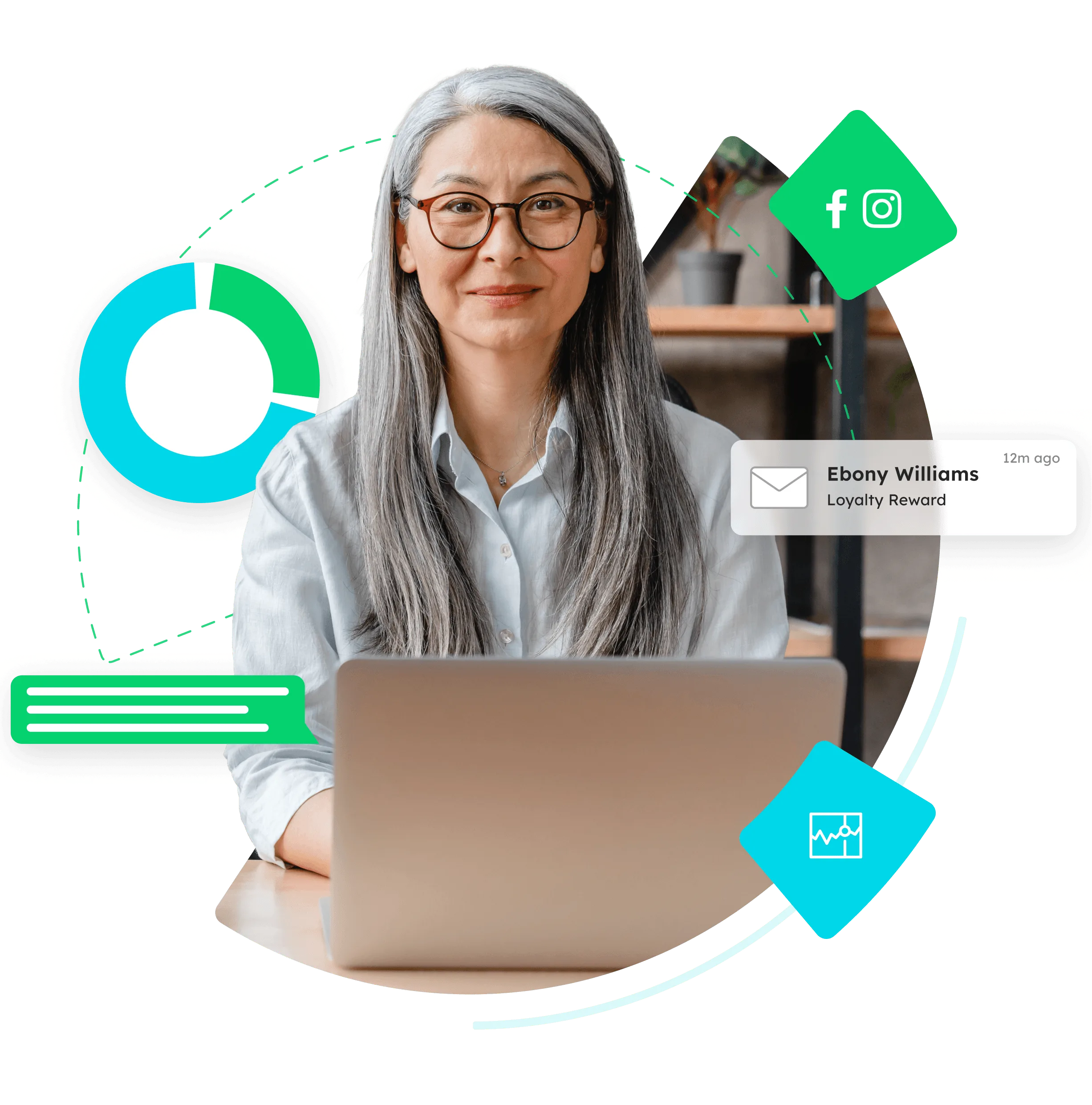 Image of lady surrounded by marketing related graphic elements.
