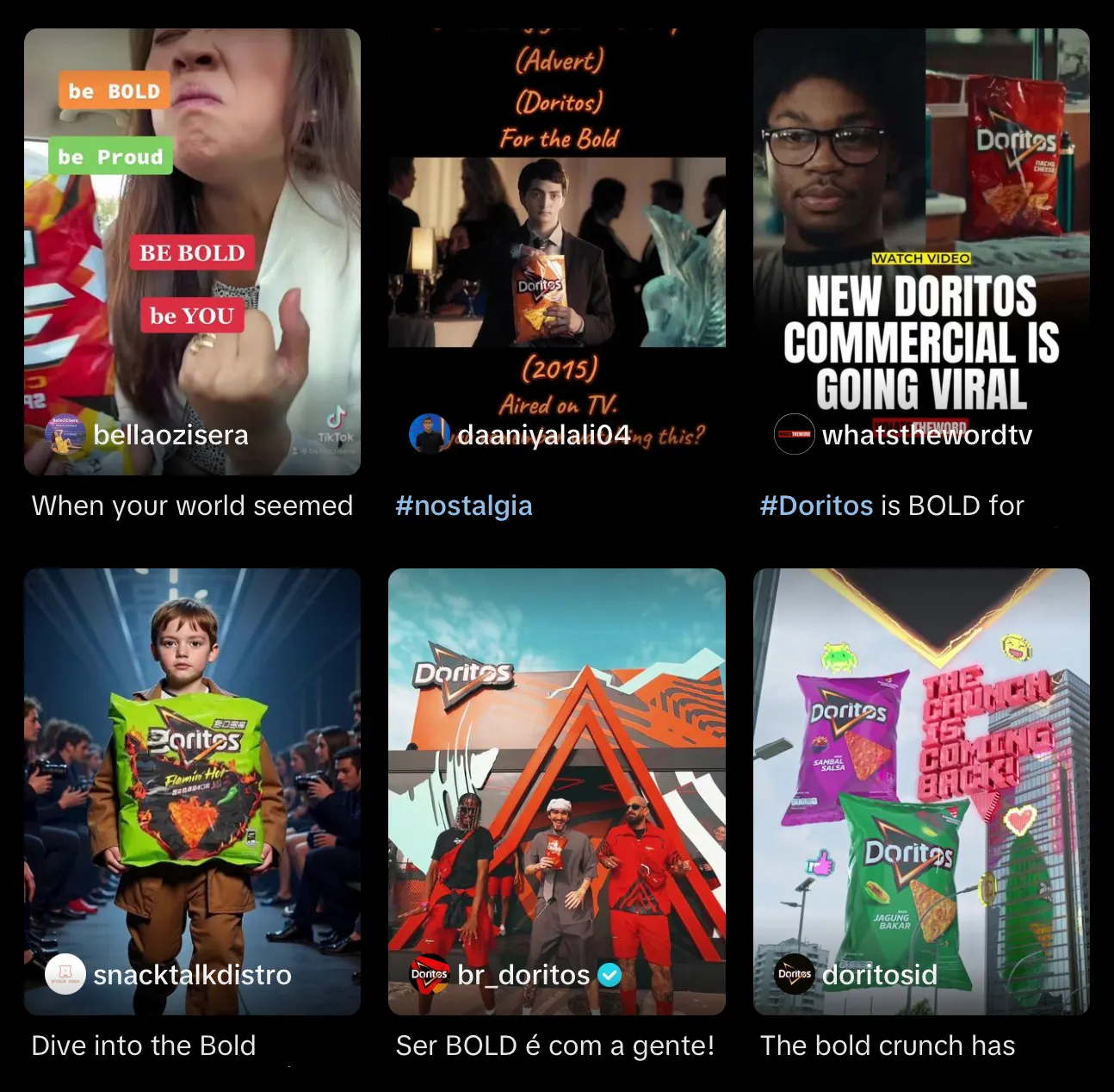 Examples of videos from #DoritosBoldSquad TikTok branded hashtag challenge