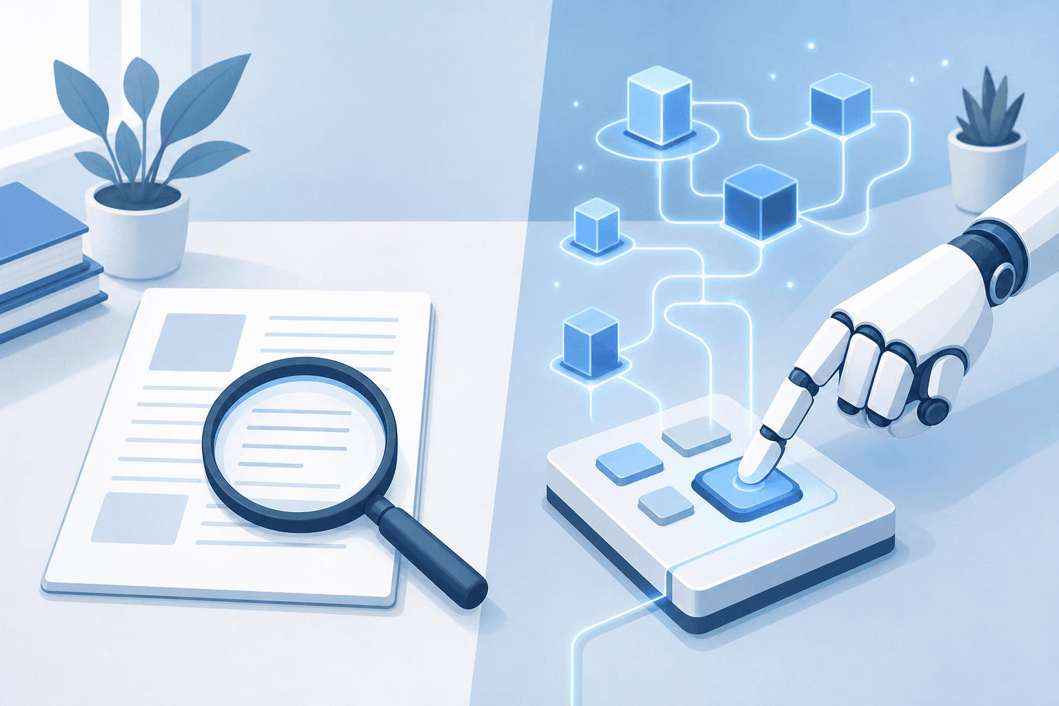 A split-scene illustration showing two contrasting workflows on a clean modern desk surface: on the left side, a document with a magnifying glass symbolizing information lookup and retrieval; on the right side, a robotic arm or mechanical hand actively pressing a button on a control panel connected to glowing data nodes, representing autonomous action-taking, soft blue and white color palette, flat design style, no people, no text