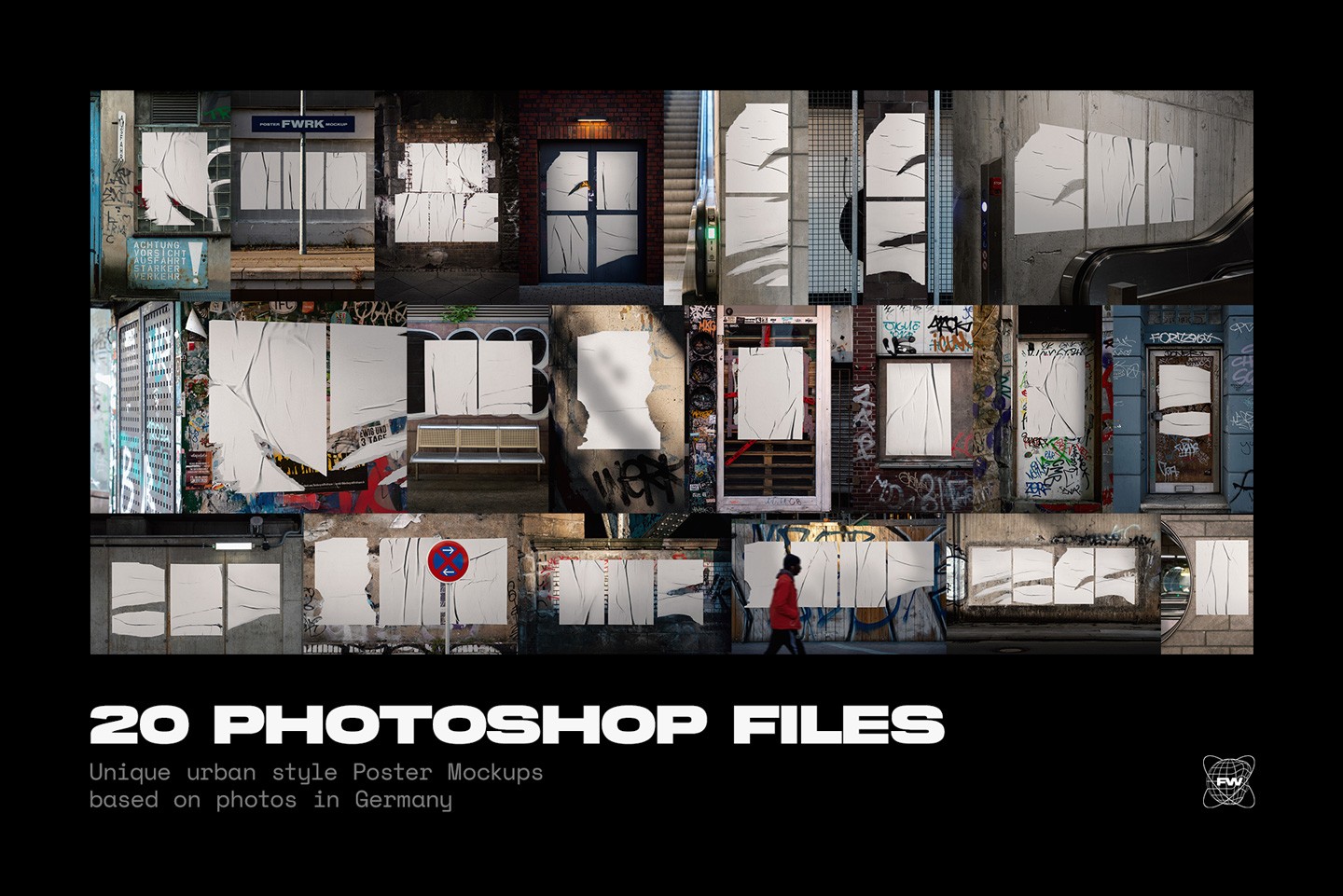 Overview of twenty urban poster wall mockups photographed in real street locations