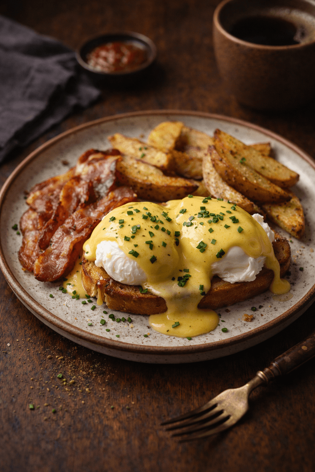 Plate of grilled bread topped with sliced bananas and drizzled sauce, served on a rustic table with a cup of coffee nearby.
