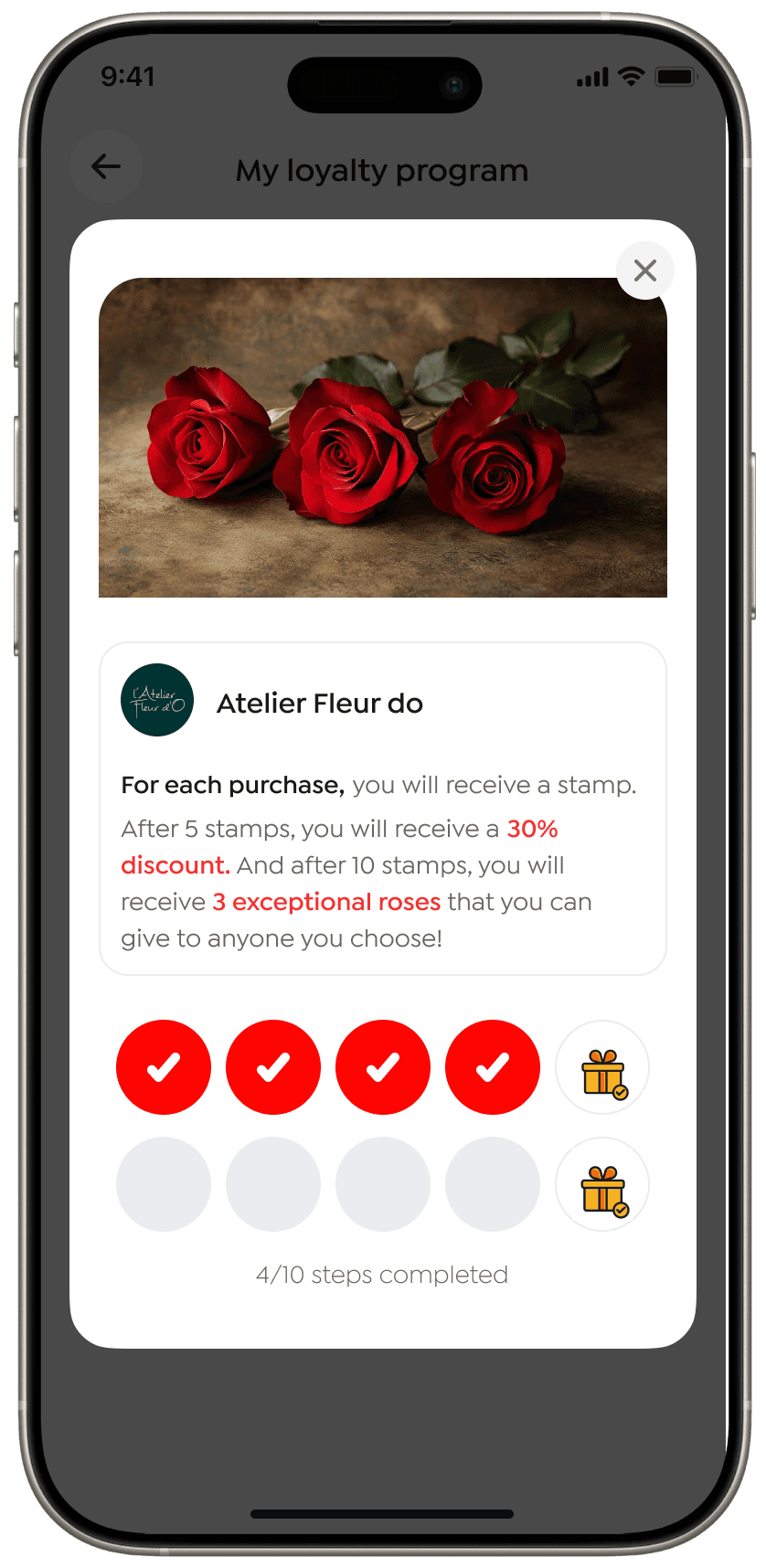 PimPay loyalty program screen showing Atelier Fleur do reward with stamp progress toward 10% discount