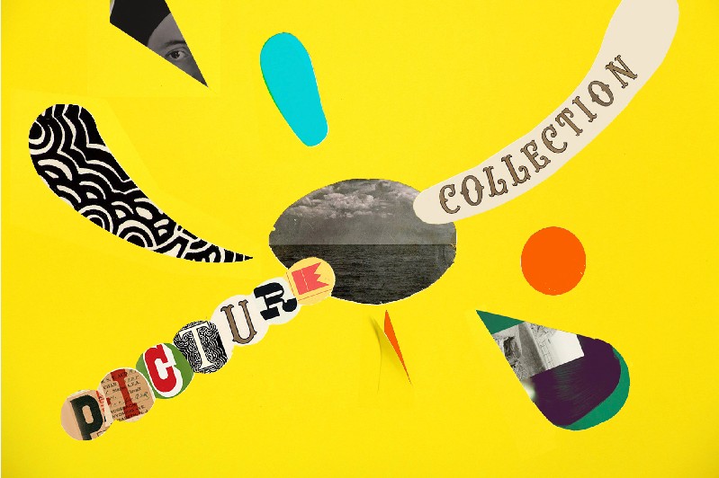 collage letters and shapes on yellow background