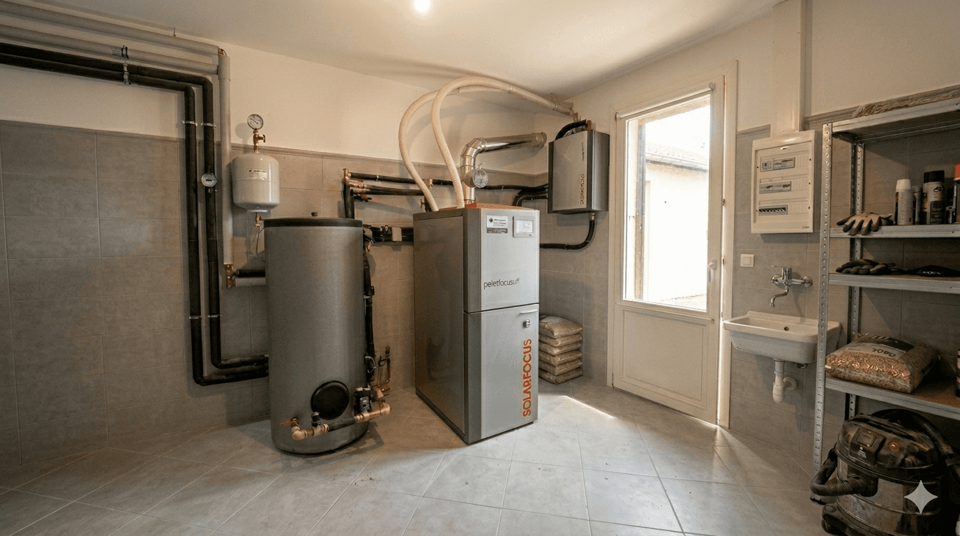 Installazione di caldaia a pellet Solarfocus con accumulo e impianto idraulico in locale tecnico di abitazione