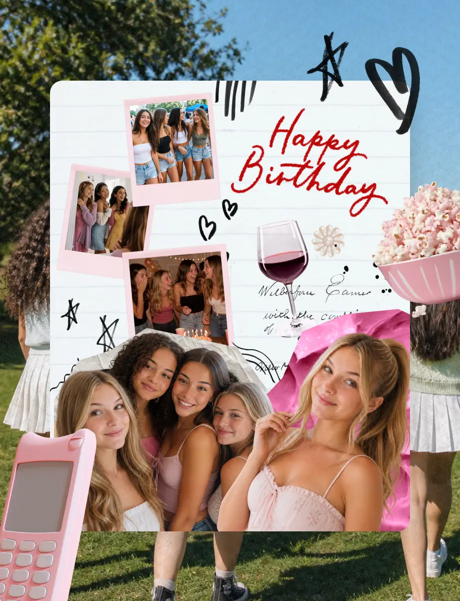 Scrapbook-style birthday card with group photos of friends, handwritten Happy Birthday, and doodled hearts and stars
