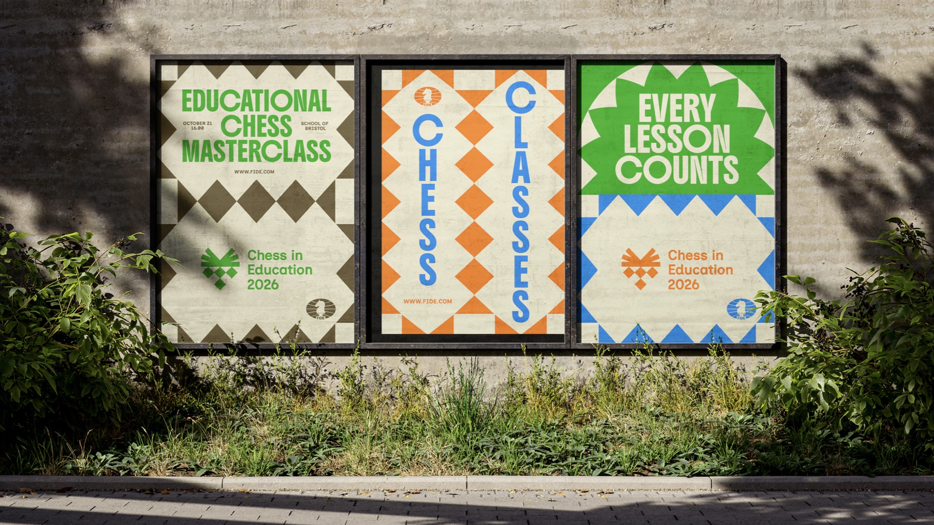 Three Chess in Education 2026 posters on an outdoor billboard