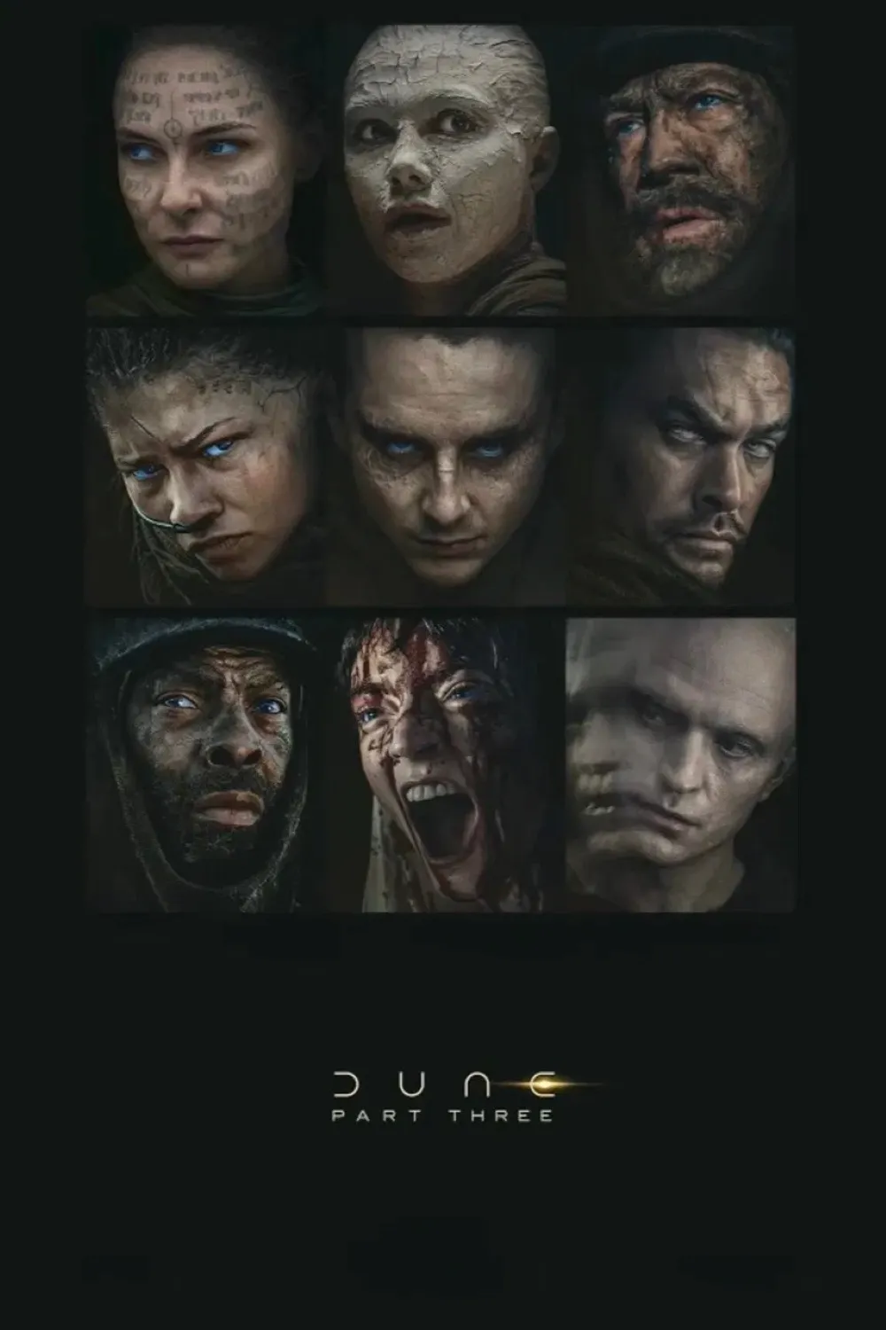 A series of nine intense and dramatic close-ups of individuals with intricate details on their faces, set against a dark background, showcasing varied emotions and makeup, with "Dune Part Three" written below.