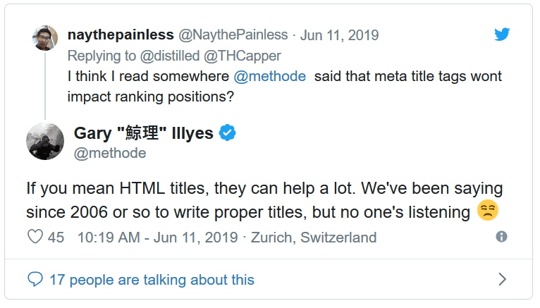 twitter screenshot statement von Google zu den Title Tags als Rankingfaktor