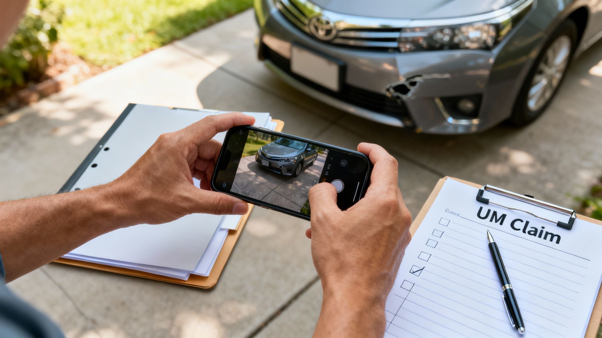 Hands taking a picture of a damaged gray car with a smartphone for an uninsured motorist claim.
