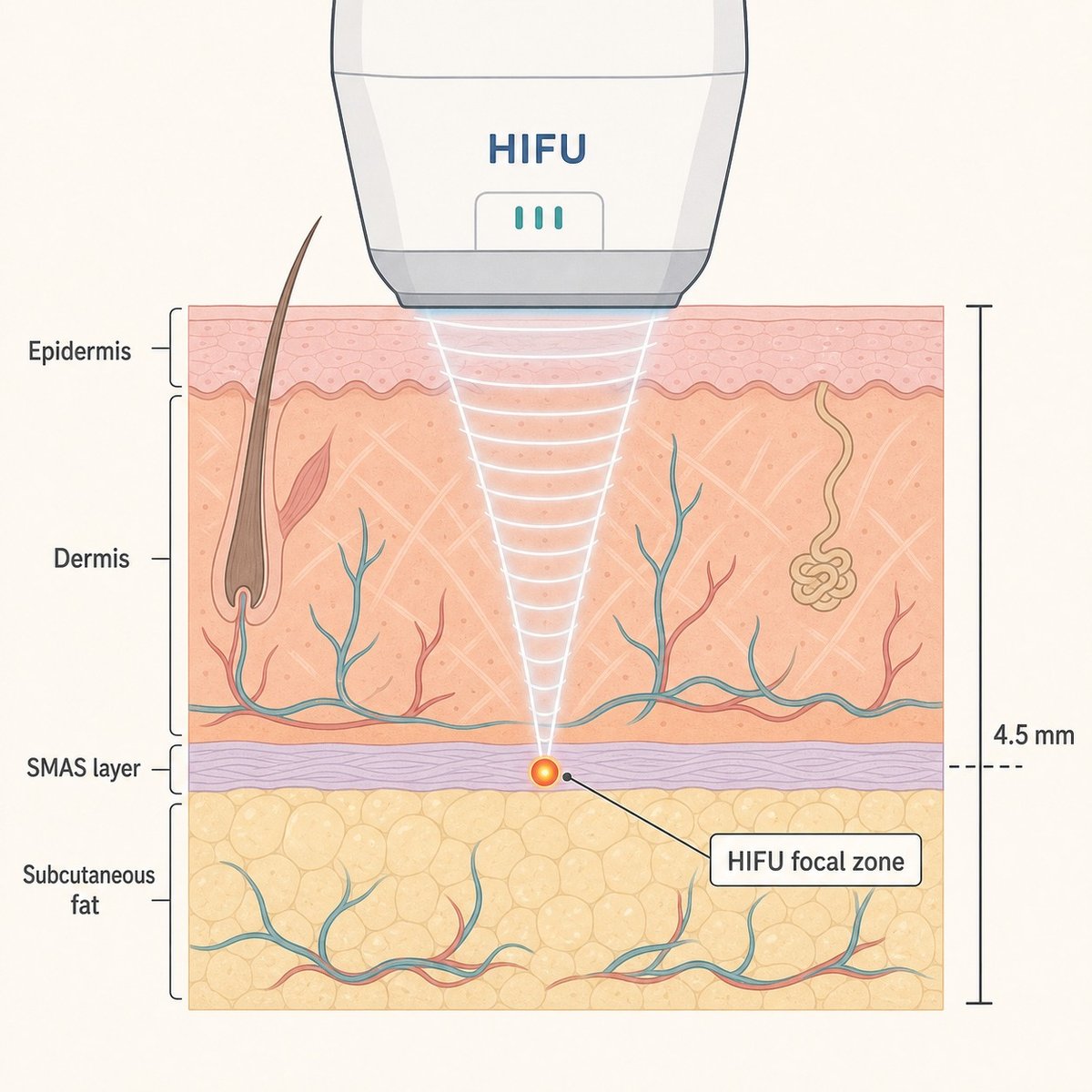 Anatomical diagram showing HIFU focused ultrasound energy targeting the SMAS layer beneath the facial skin surface