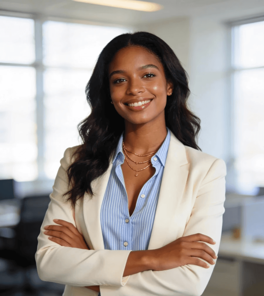 Portrait of a confident woman with short black hair, wearing a grey blazer over a black top. She has a slight smile, conveying a professional and approachable demeanor against a neutral background.