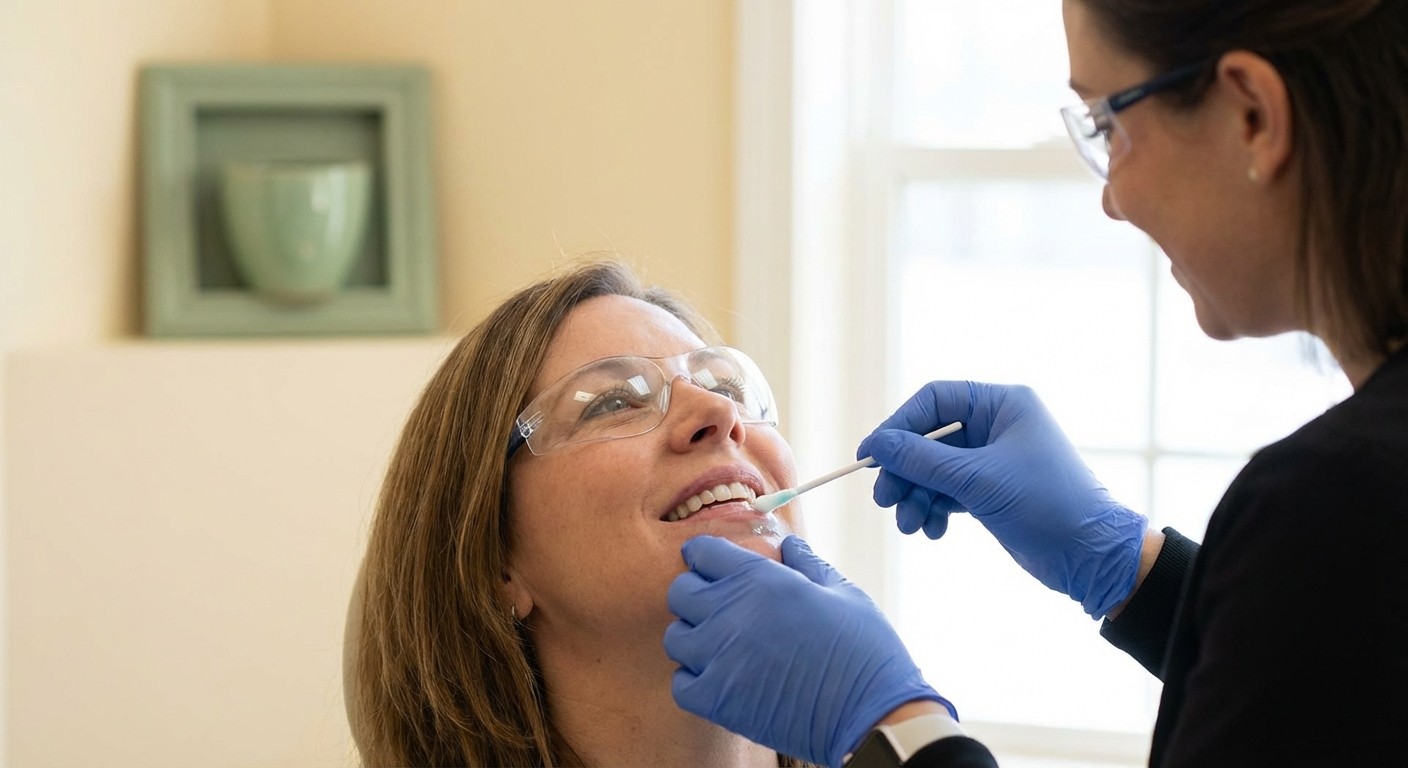 Dentist administering topical anesthetic to a relaxed patient in a modern dental office