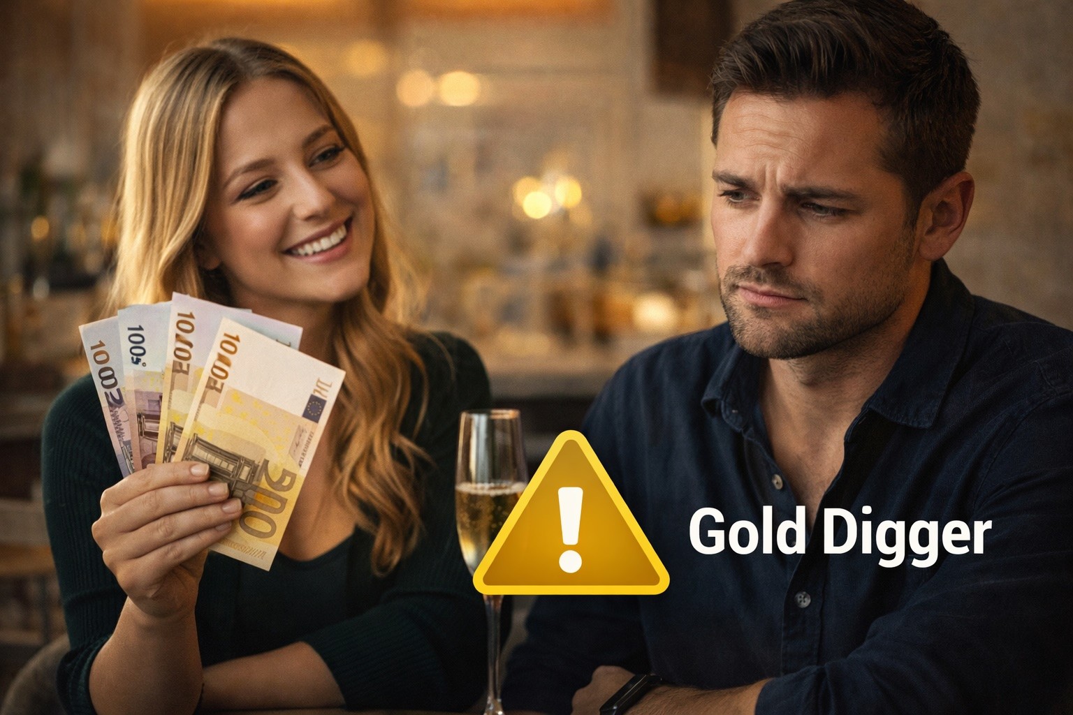 eine frau sitzt neben einem mann und hält geldschein in der hand, auf dem bild ist ein ausrufezeichen mit den worten "gold digger" dahinter