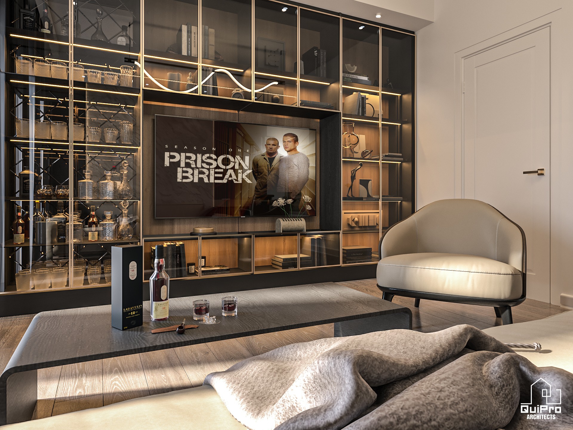 a room with a couch and a table