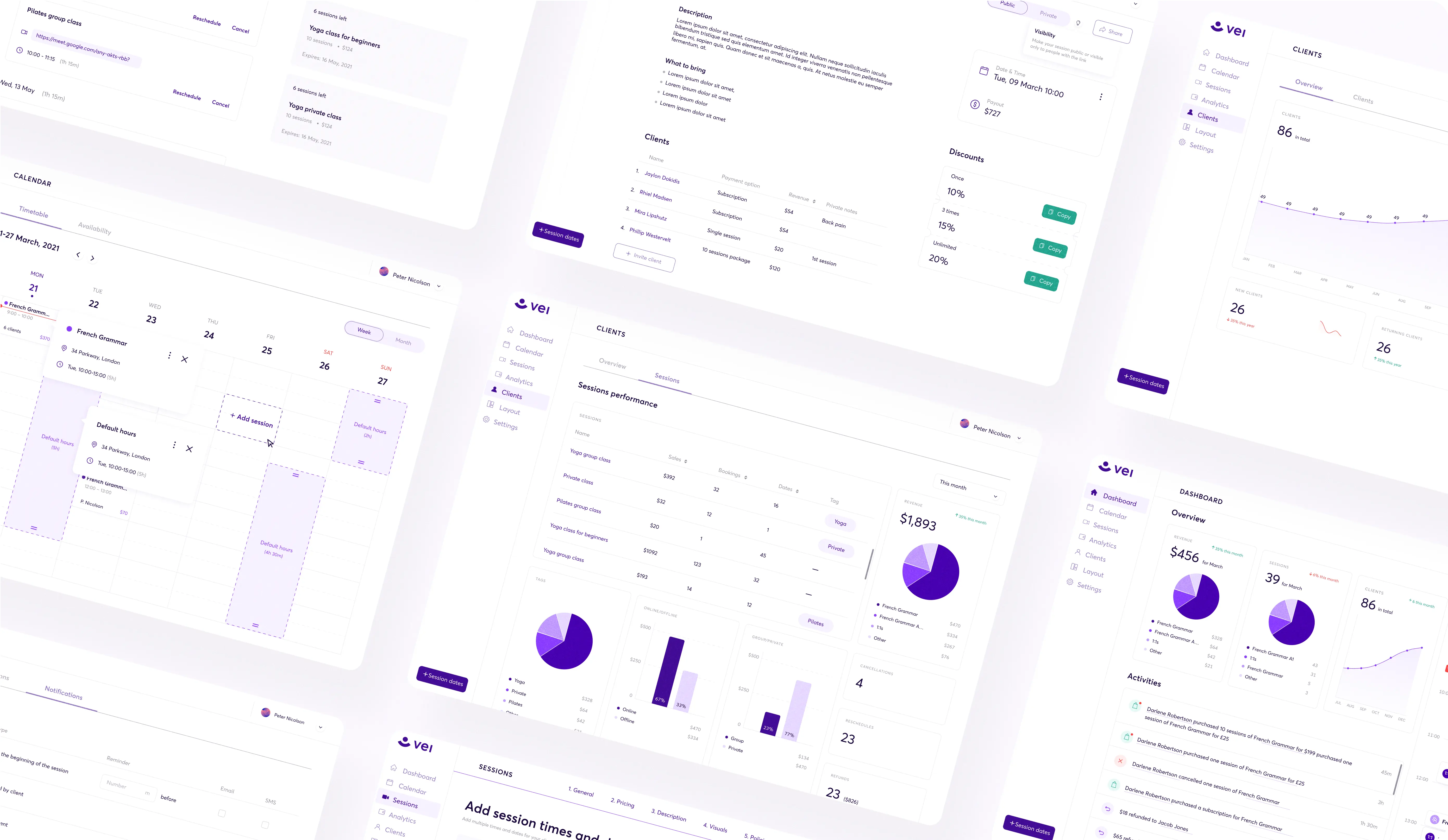 A collage of various dashboard and analytics screens from an application named "Vei." The screens display a calendar, session performance metrics, client overviews, session times, and financial summaries. Graphs, charts, and tables with purple accents are used to visualize the data. The left sidebar shows navigation options such as Dashboard, Calendar, Sessions, Analytics, Clients, Layout, and Settings.