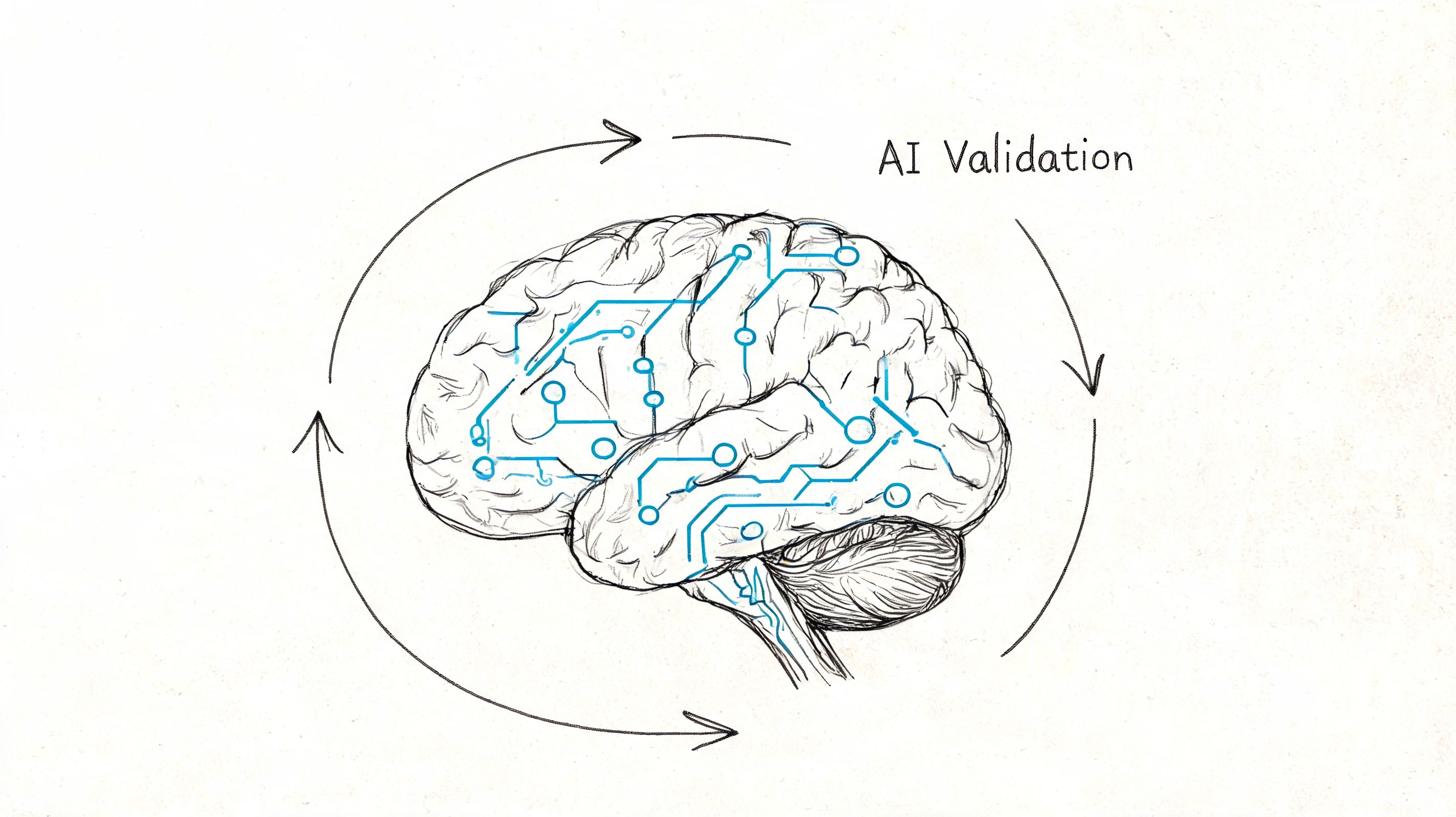 A pencil sketch of a human brain integrated with blue electronic circuit patterns, surrounded by circular arrows.